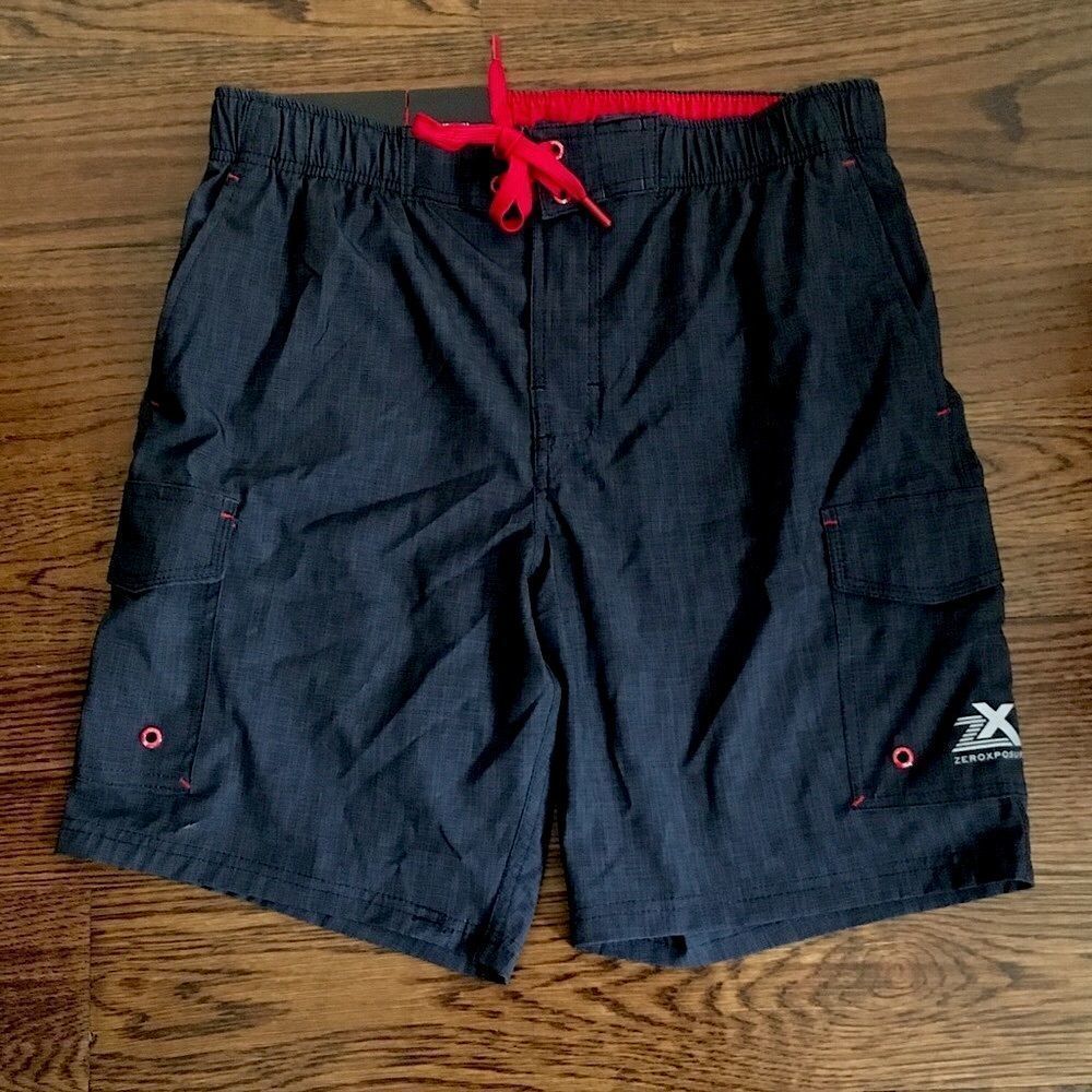 Men’s ZEROXPOSUR Black Cargo Swim Trunks With Red Accent Sz Medium NWT